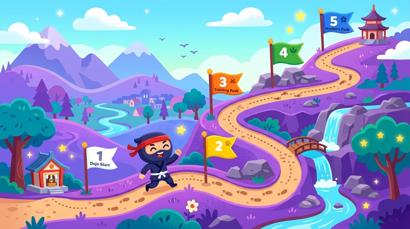 A winding adventure path with five colored belt milestone flags and a kid ninja progressing along it