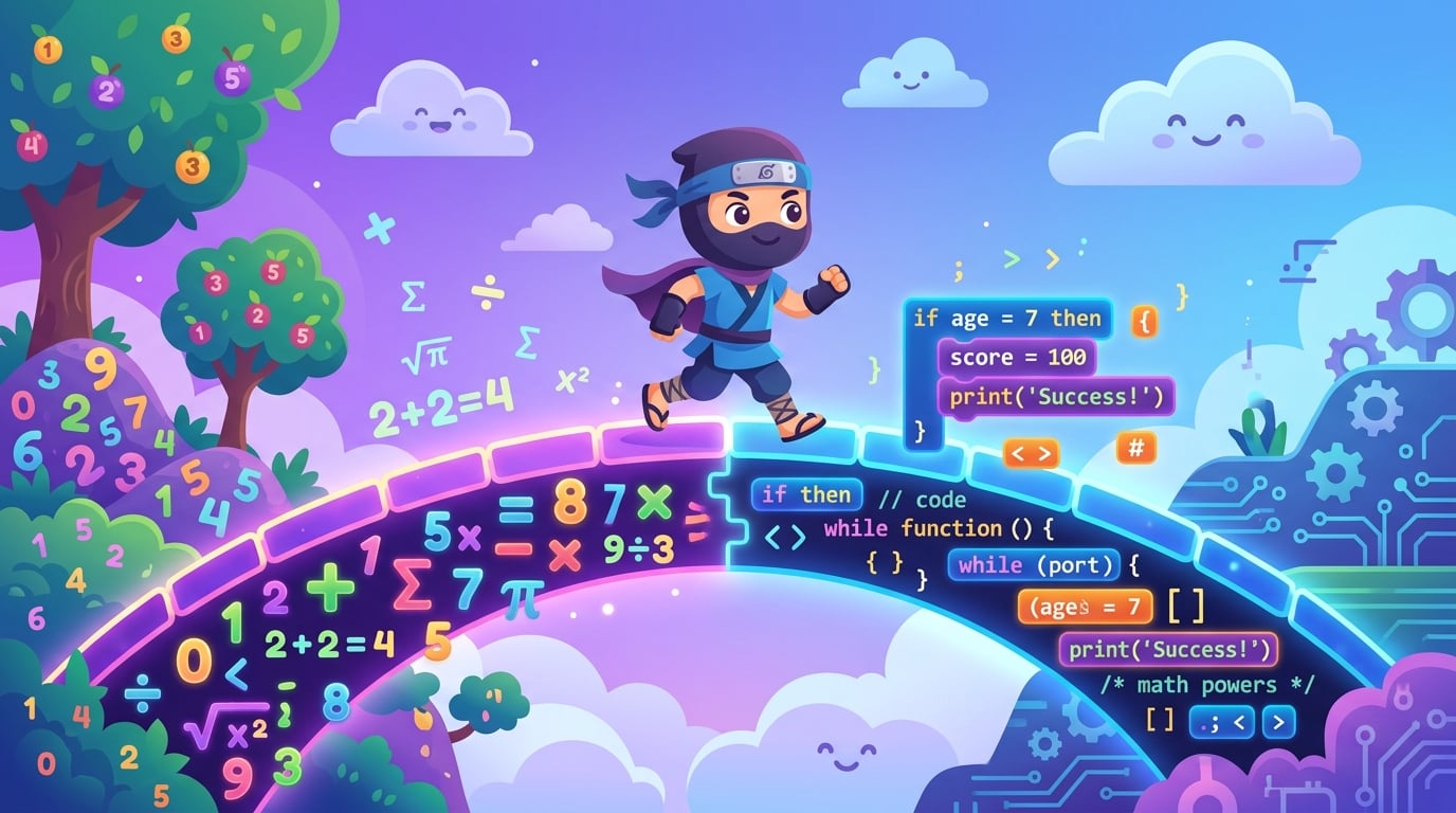 Illustration of a kid ninja crossing a bridge that connects math symbols to code blocks