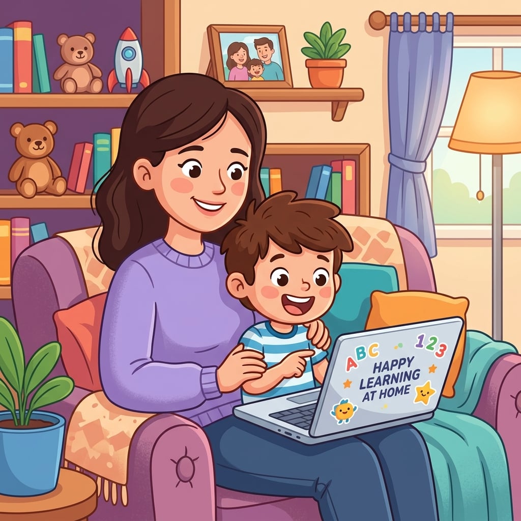 A parent and happy child learning together on a laptop at home